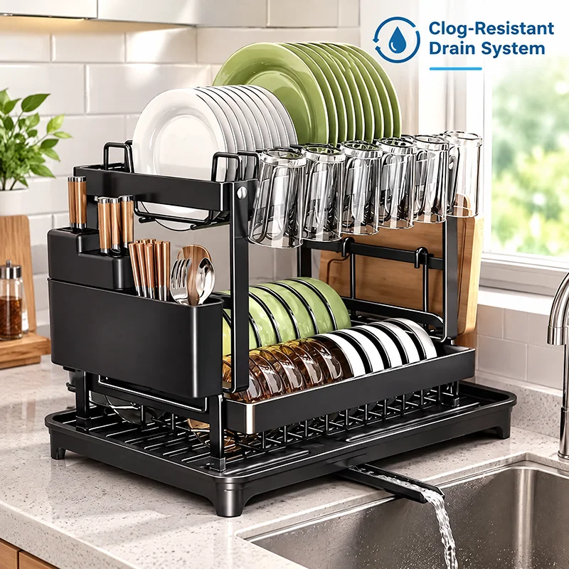 2-Tier Detachable Dish Drying Rack Carbon Steel Multifunctional Countertop Kitchen Organizer with Drainboard Utensil Holder
