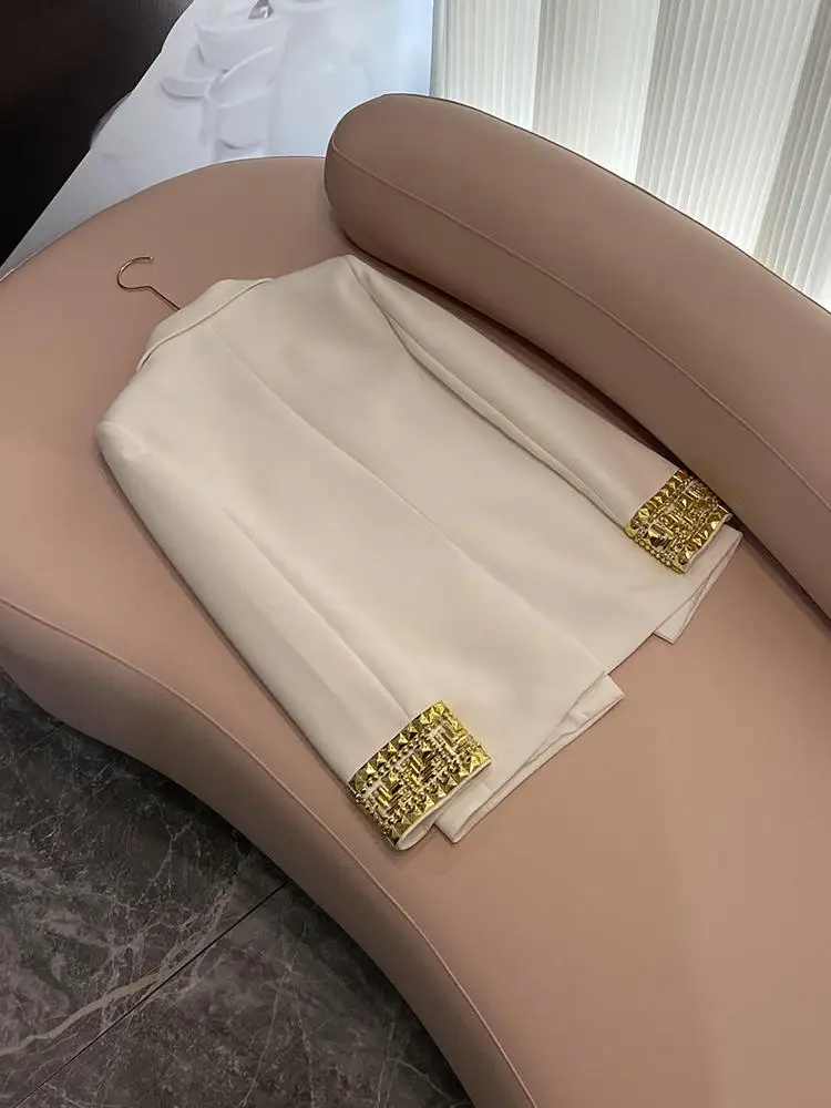 Witte Manchet Zware Verfraaid Een Knop Midi Lengte Damespak Jaet Commute Sle Slim Fit Lange Sve Pure Kleur A833