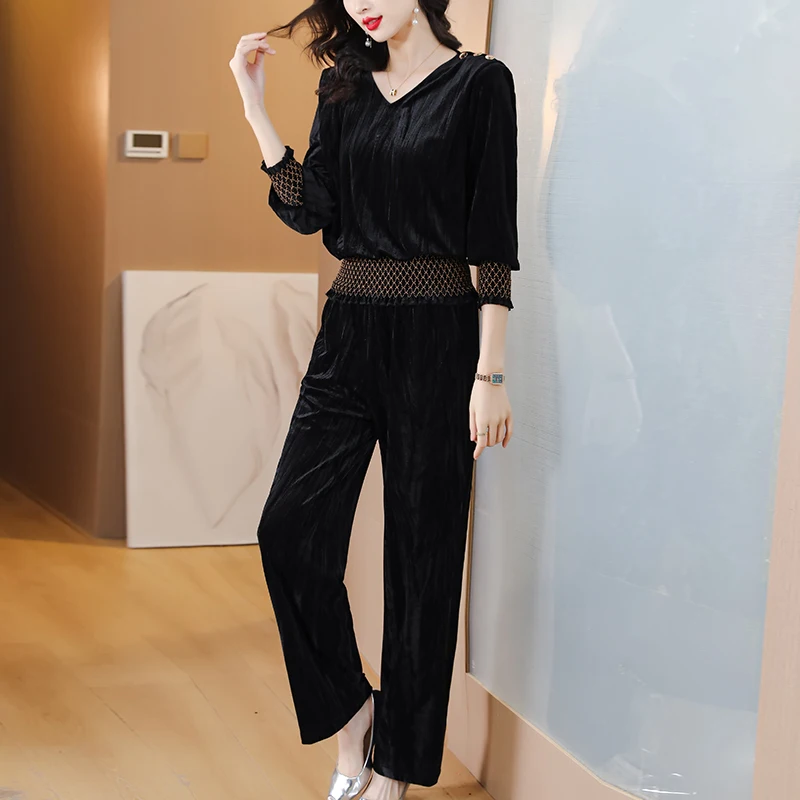 2023 New Fashion Golden Velvet Dress Women\'s Autumn Versatile Full Sleeve Loose Fit Casual Holiday Suit Two-Pieces Pants suit