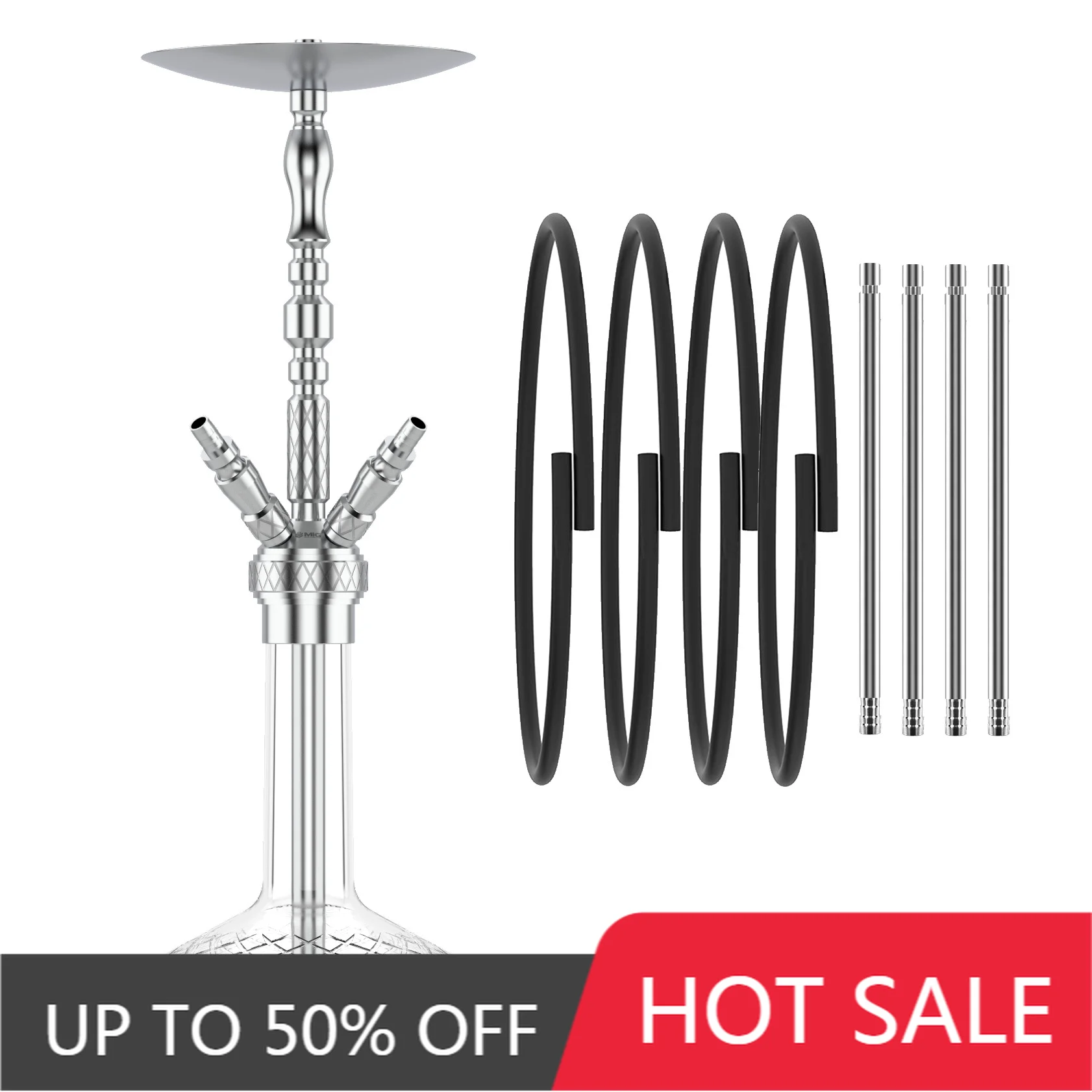 MIG ARMOUR X Hookah Shisha Set 304 Food Grade Stainless Steel With Glass Bottle 4 Pipes