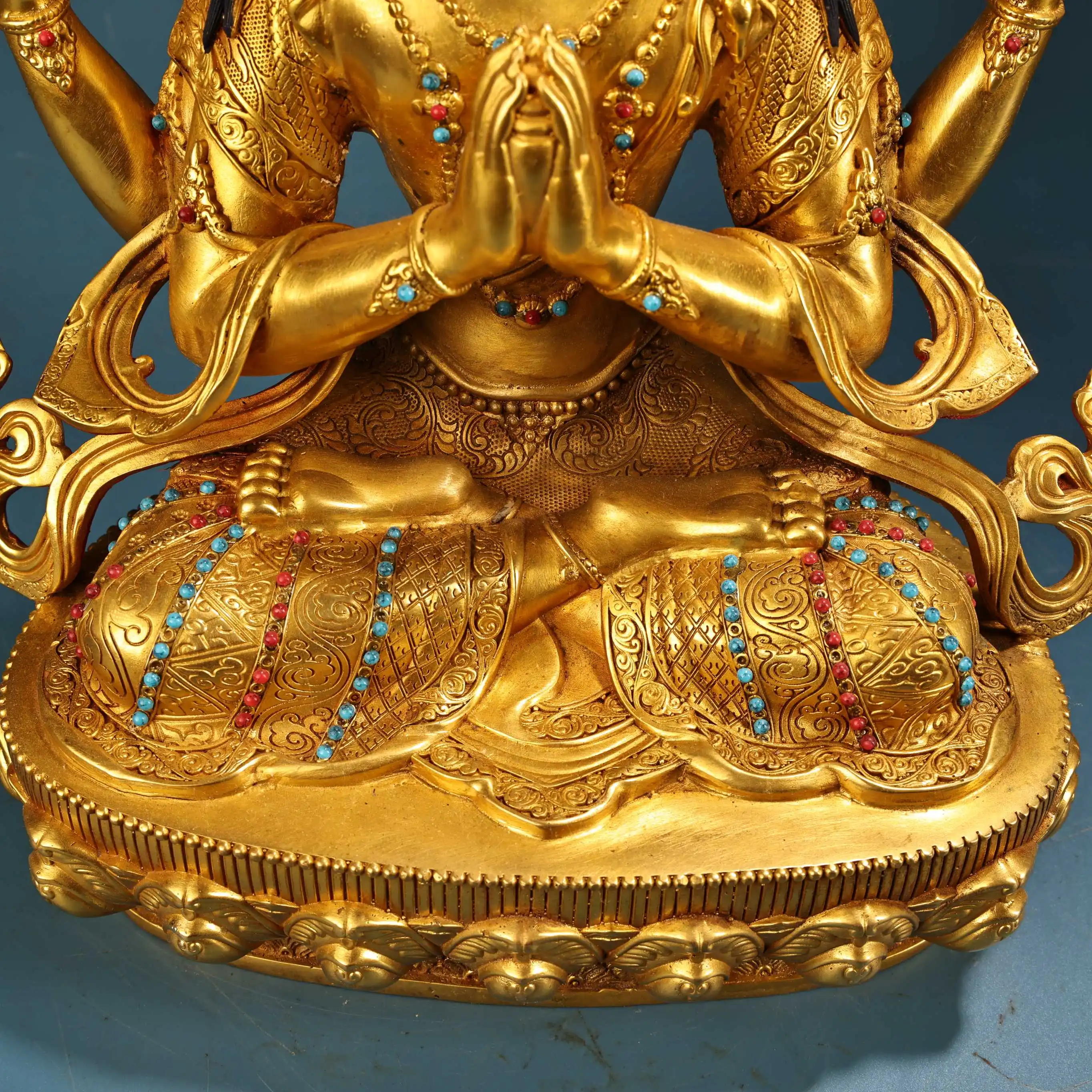 

15"Xizang Folk Collection Old Bronze Gilded Painted Face Mosaic Gem Four armed Guanyin Buddha Lotus Terrace Worship Hall