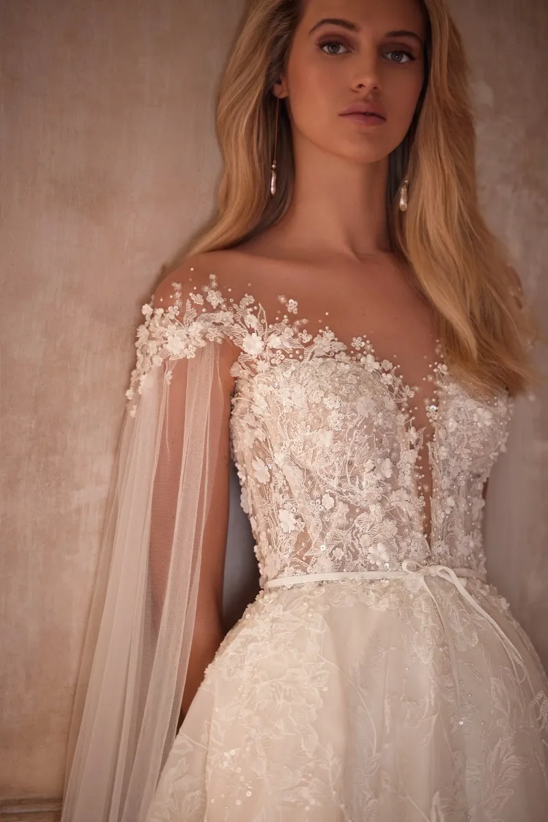 Abiti da sposa su misura A Line scollo tondo maniche A mantella staccabili abito da sposa Appliques abiti da sposa in pizzo abiti da sposa