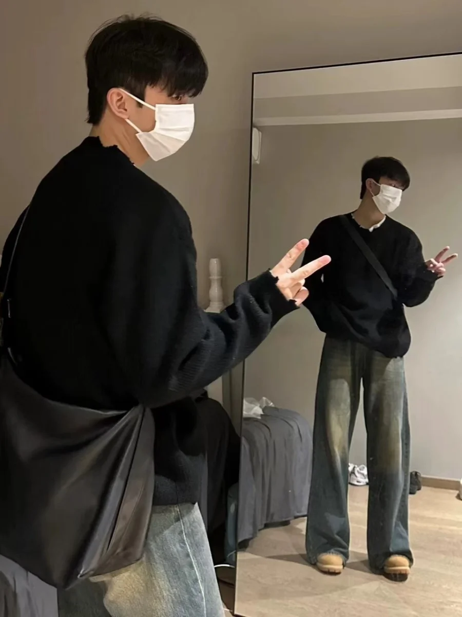 

Loose Fit round Ne Knitwear Men's Casual Sle Korean Lazy Faion Autumn Winter New Arrival Destroyed Design Sweater Top