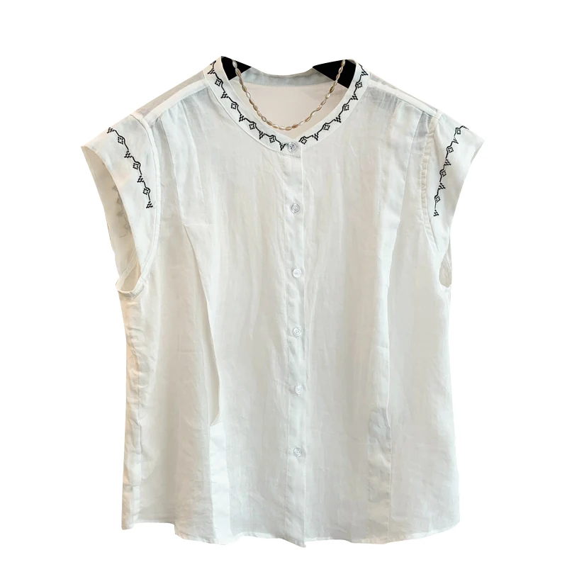 เสื้อคาร์ดิแกนผ้าฝ้ายลินินปักลาย สำหรับผู้หญิง แฟชั่นฤดูร้อน สไตล์วัยรุ่น คอตั้ง ทรงเข้ารูป ผ้าบางเบา