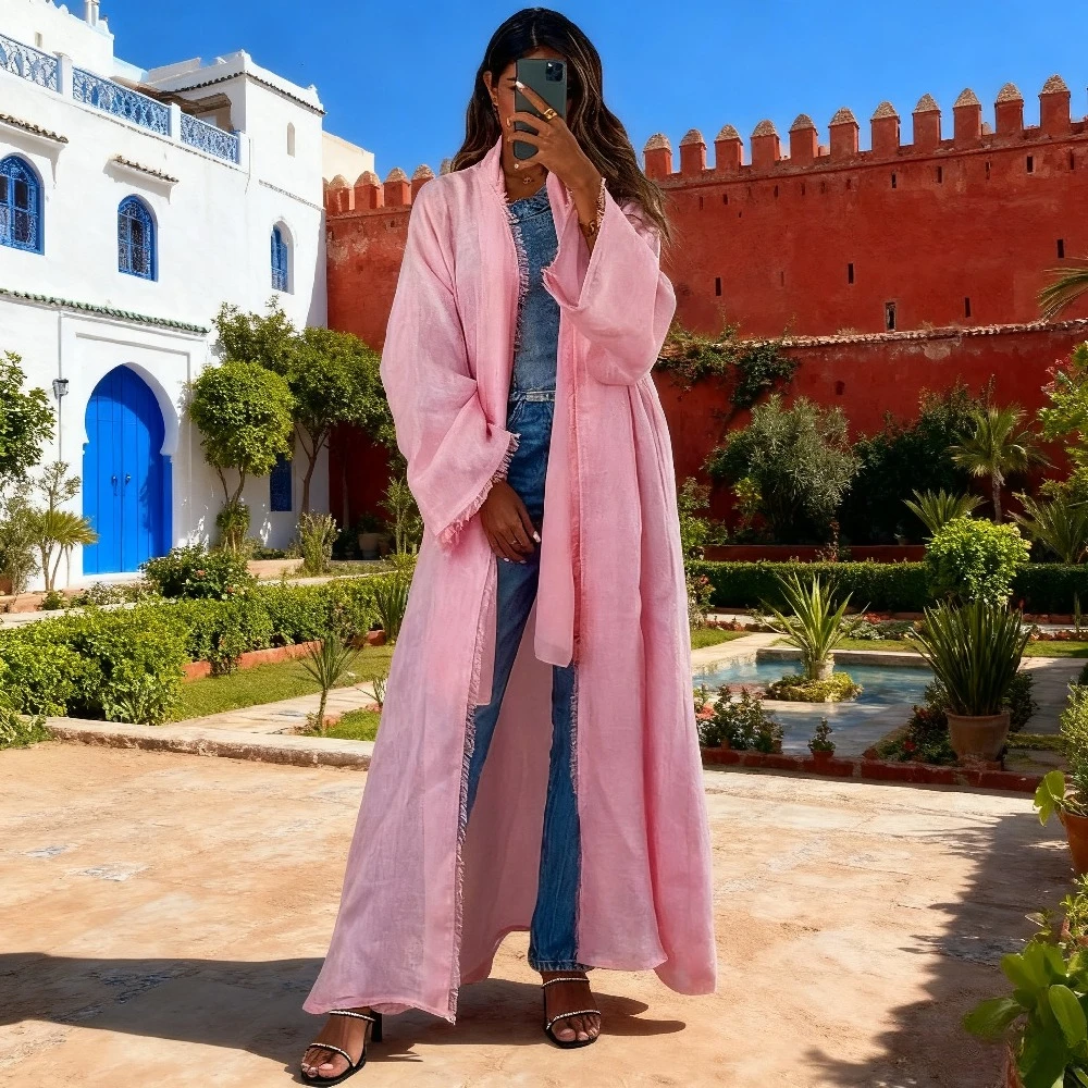 

Ид мусульманские женщины Абая розовый хлопковый льняной кардиган Дубай Абая Кафтан Vestidos арабский длинный халат Джалабия Марокко вечерние платья