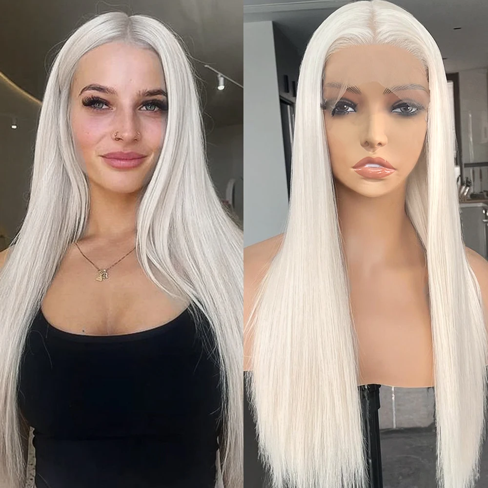 #60 Platinum Blonde Wig Synthetic Lace Front Wigs For Women Long Silky Straight Wig Lace Hair Grey Blue Pink Wig Frontal Cosplay