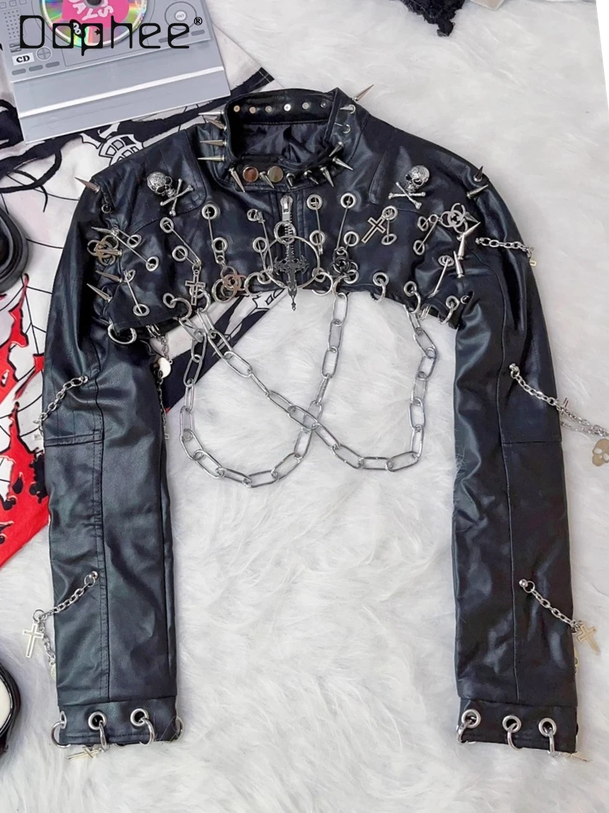 

Y2K Hot Girl Subculture Панк Заклепки Рок Ретро Короткая куртка из искусственной кожи Модные индивидуальные готические куртки с длинными рукавами с металлической цепочкой