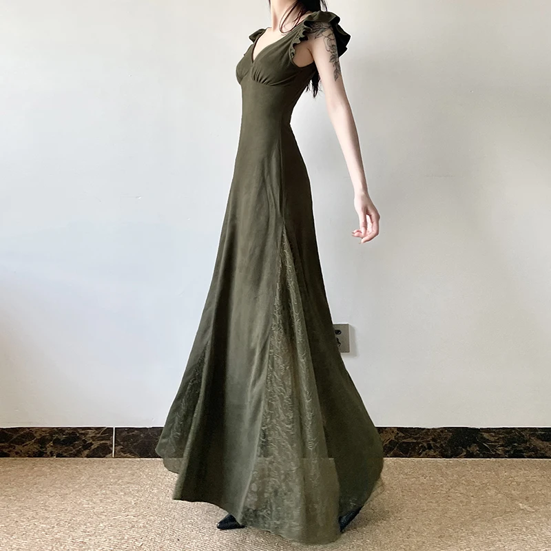 CIBBAR Elegant V Neck Green Long Dress Vintage 2000s Ruched Short Sleeve Lace Stitching Loose Dresses Women Distressed Outfits