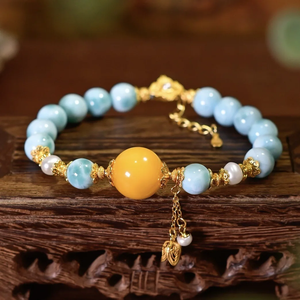 

Браслет из натурального ларимара, янтаря и пресноводного жемчуга, серебро 925 пробы, в китайском стиле, с разноцветными камнями, целебное украшение, подарок для женщин