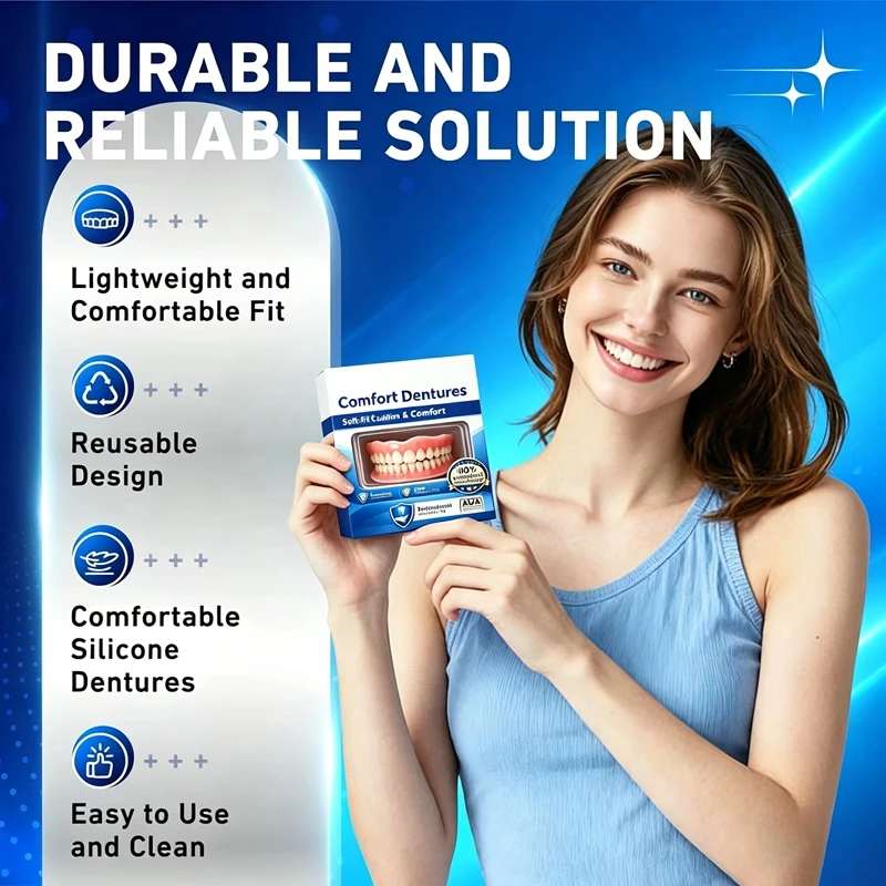 Full Set Natural Dentures Upper & Lower Silicone Fake Teeth Braces Comfort Fit Instant Confidence Smile Oral Care For Women Men