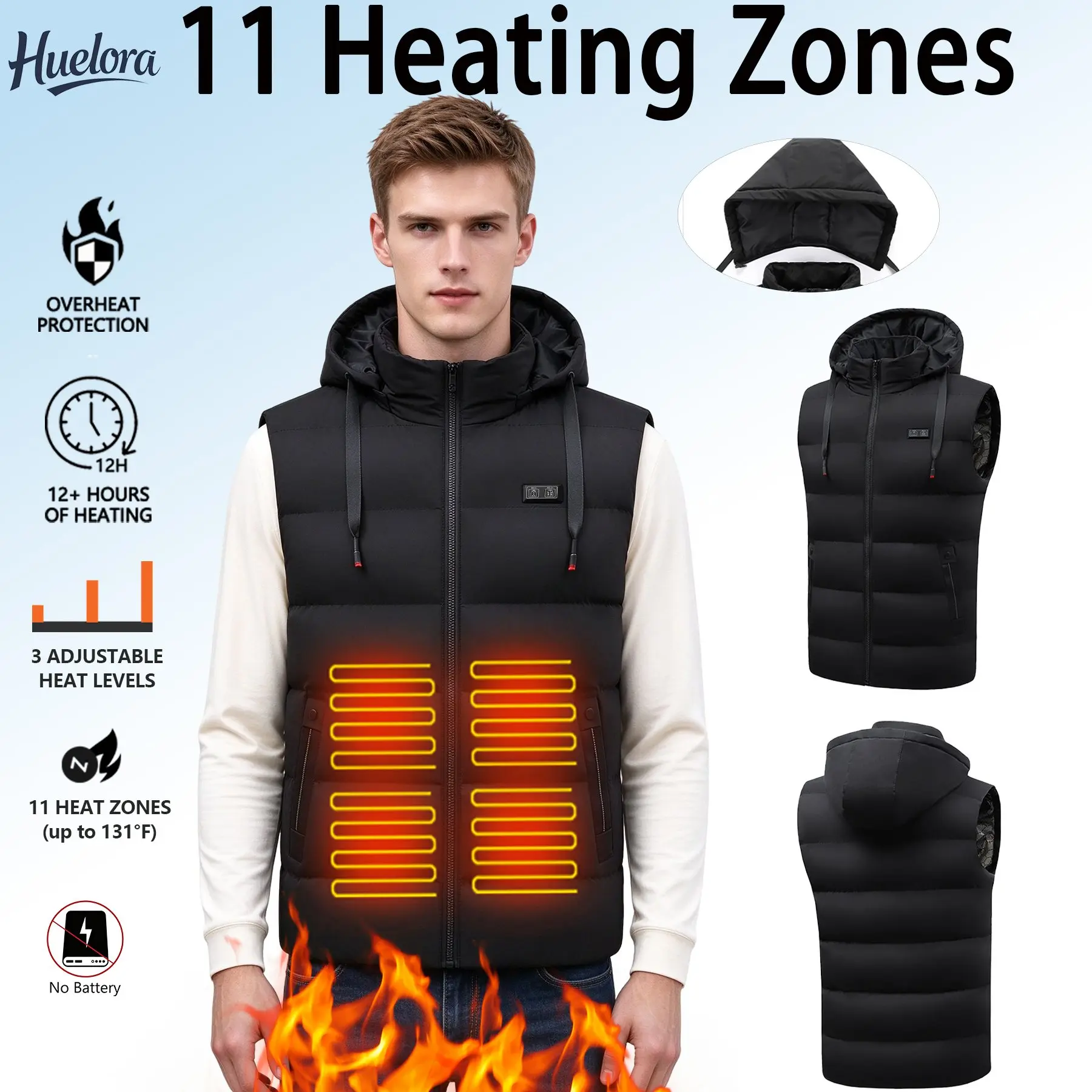 Huelora 11 Zones Heated Vest for Men Women, 3 Levels Electric Heating Hooded Gilet, Detachable Hood, Machine Washable Winter