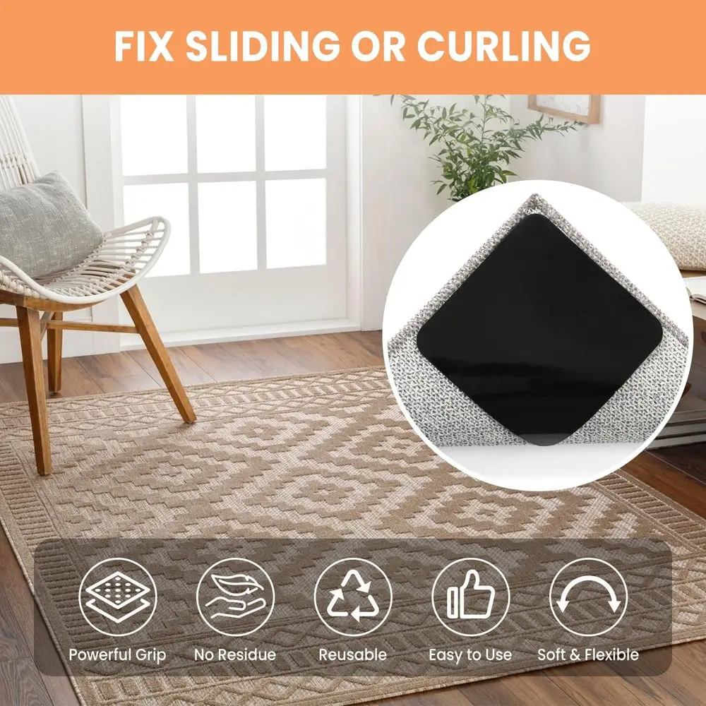 Rug Grippers 4 Pcs, Non-Slip Rug Grips for Hardwood and Tile, 4x4in Reusable Double-Sided Adhesive Carpet Tape to Prevent Slidin