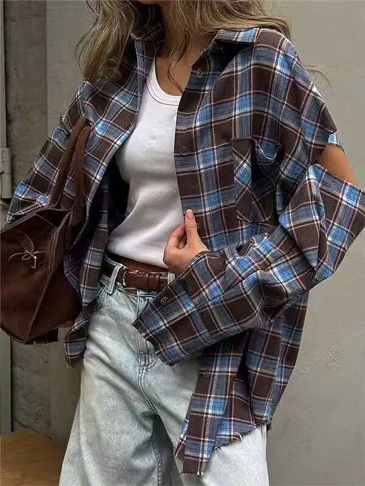 

HH Woman Spring Fashion Versatile Long Sleeves Lapel Single Breasted Cut Decoration Shirt Female Casual Commuting Loose Tops