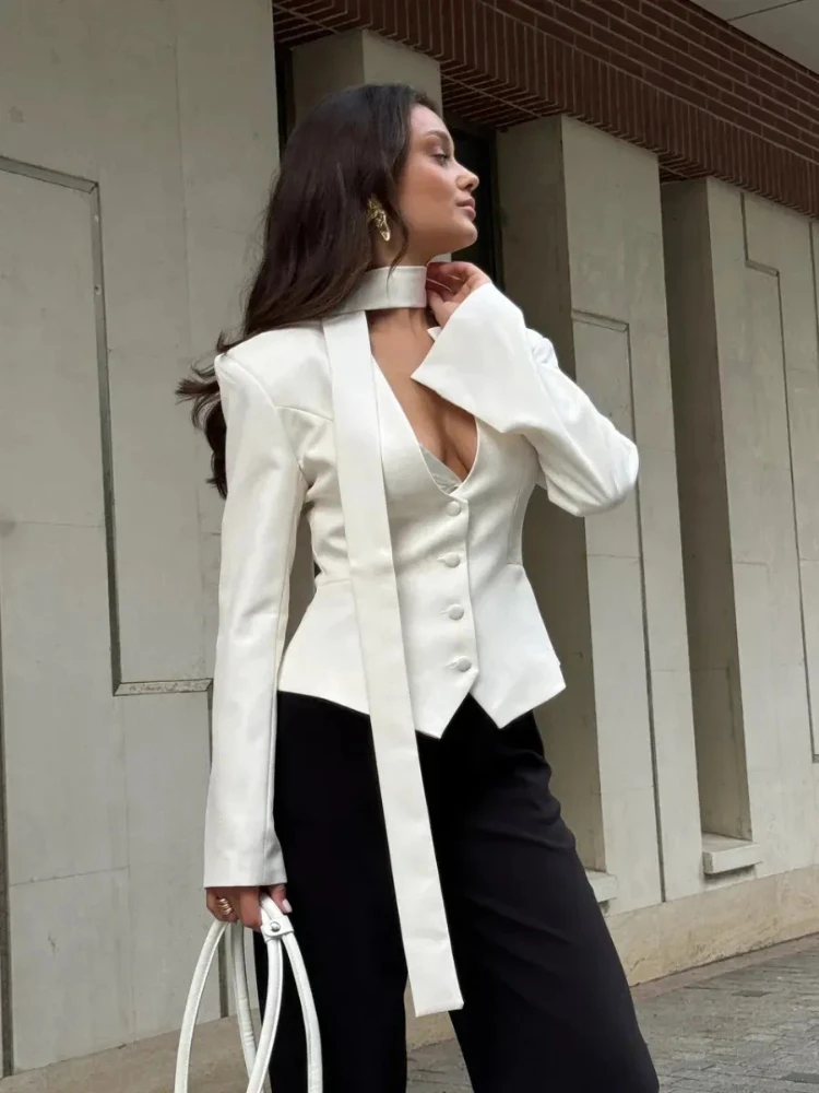 Tsiisd Commute V-Neck Lace-Up Blazers Coat Women Elegant Patchwork Fashion Solid Casual Lace-Up Slim Clothes Female Outwear Coat