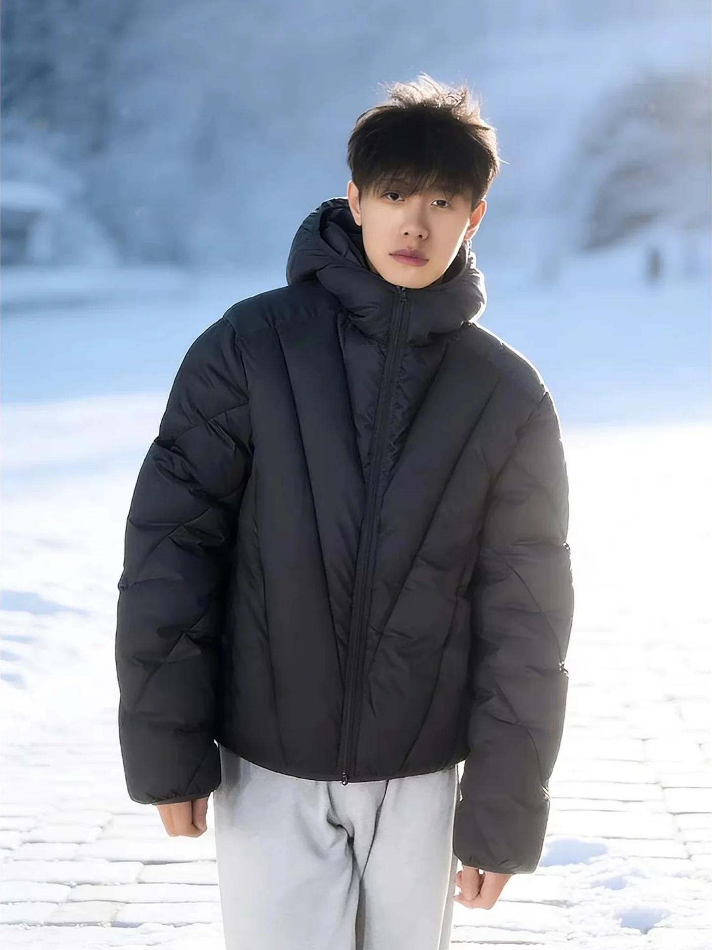 

Bla Irregular V-Ne Thiened Winter down Cotton Jaet Youth Faion Anti-Cold Coat Long Sve Zipper Closure round Hem