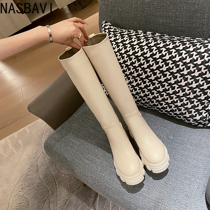 NASBAVI2026 Fashion INS Women Knee High Boots Cow Leather Flats Heels Woman Office Lady Motorcycle Boots Long Winter Shoes 34-43