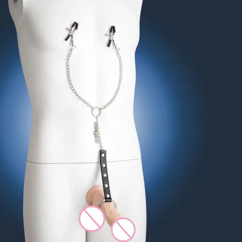 Sexy PU Leather Penis Cock Ring for Men with Nipple Clamp Breast Clip Chain Bondage Delayed Ejaculation Couple Sex Toys view 2