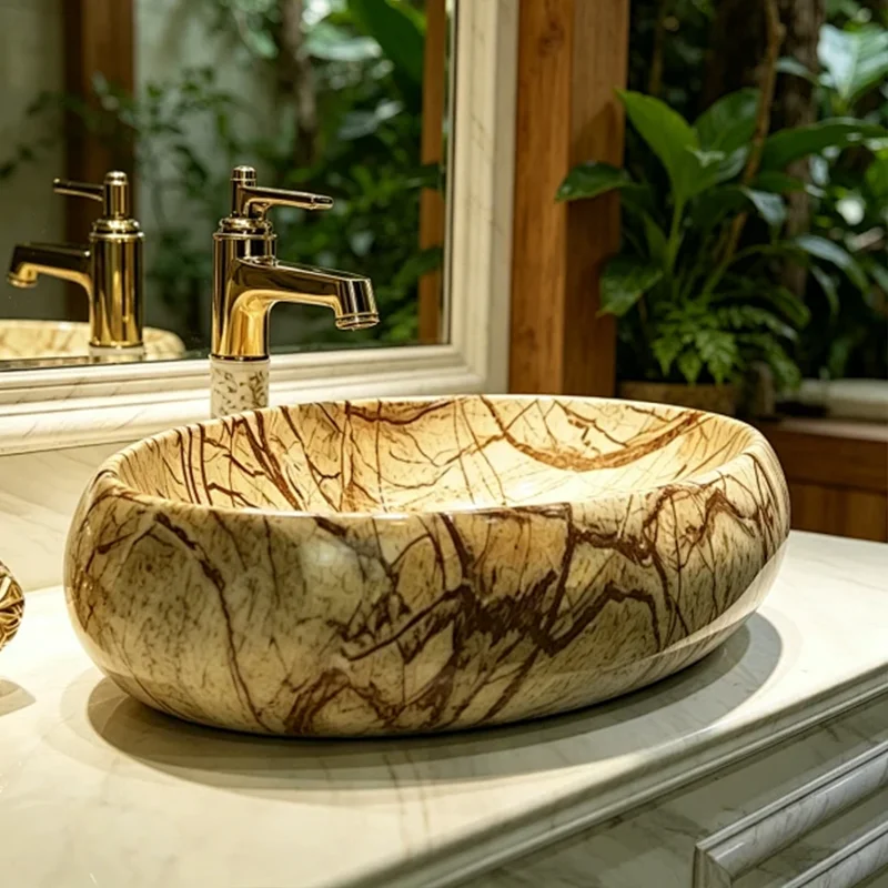 60Cm*40Cm Oval-Shaped Stone-Patterned Ceramic Washbasin, an Ideal Choice for Modern Bathroom Fixtures, Suitable for Changing Rooms, Vanity Tables, Bathrooms, Toilets, and Rvs