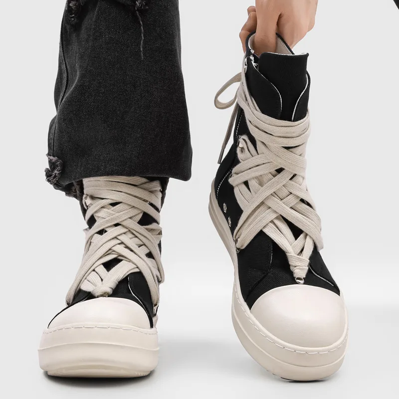High Quality Men's High Top Canvas Sneakers Cross Laces Thick Sole Black Casual Shoes Streetwear Punk Footwear Trend Men's Boots