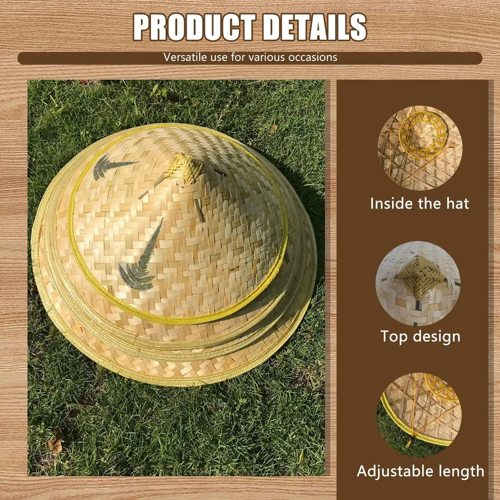 Chinese Retro Bamboo Rattan Fisherman Hat Handmade Rattan Hat Stylish Straw Hat with Adjustable Chin Strap Rainproof Conical Hat