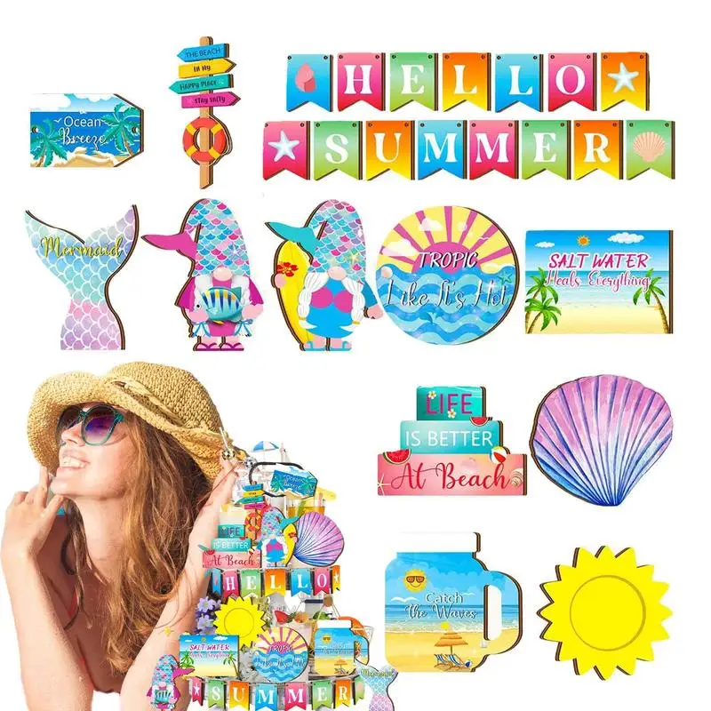 

26 PCS Summer Tiered Tray Decoration Set Wooden Tier Tray Farmhouse Ocean Decoration Home Kitchen Shelf Decor Accessories