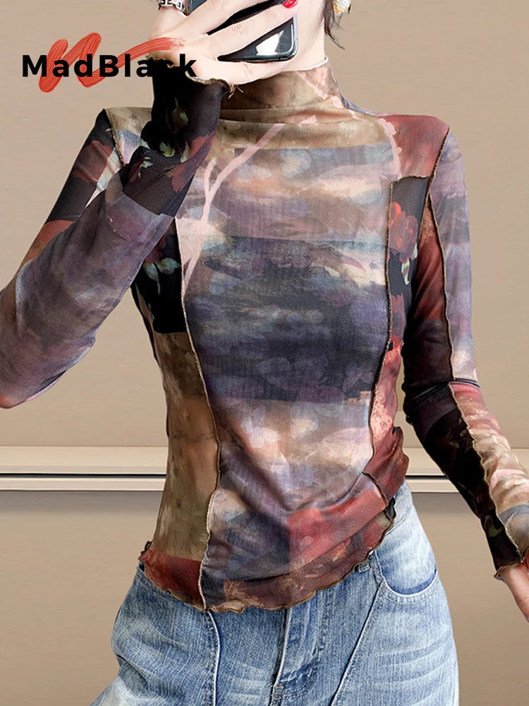 

MadBlack-Women's European T-Shirt, Sexy Turtleneck Printed, Clubwear Long Sleeve Slim S-3XL Mesh Tee, 2025 Autumn New T59943CC