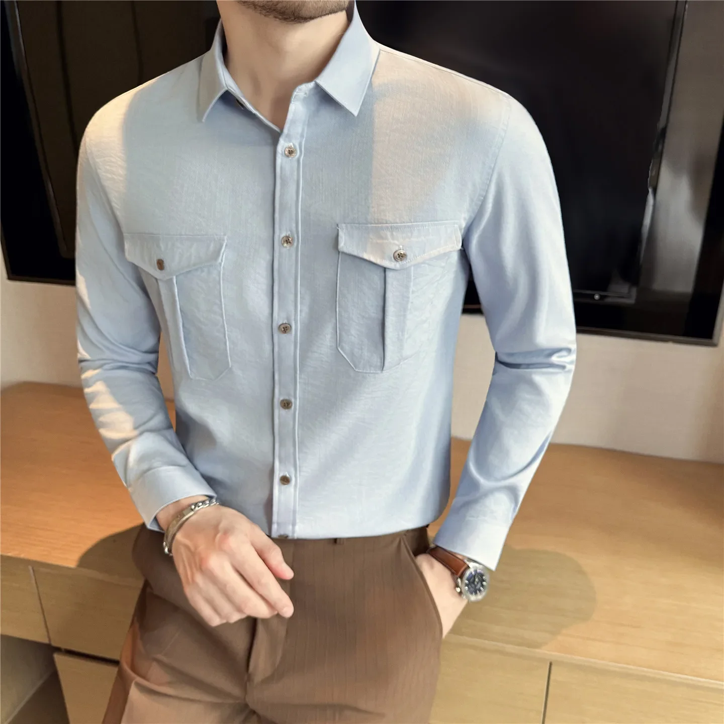 

High Quality Men's Long Sleeve Shirts Solid Color Minimalist Style Slim Fit Smart Casual Shirt Men Fashion Pocket Blouse Man