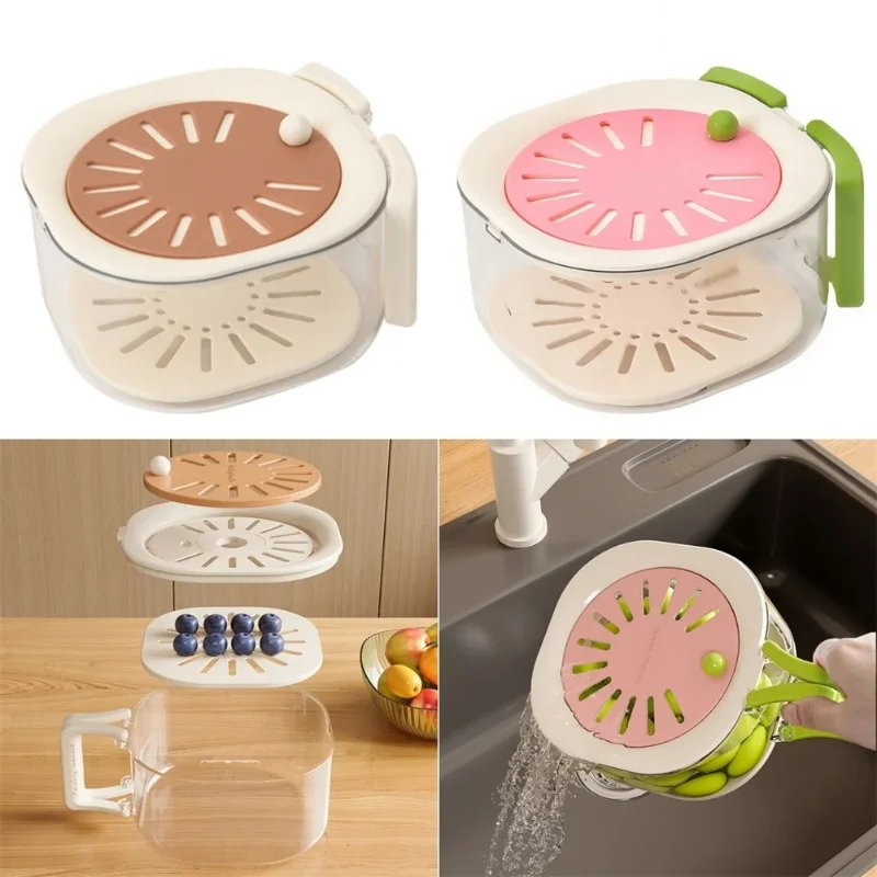 2-in-1 Vegetable Fruit Washing Basin Double-layer Drain Basket Household Large Telescopic Filter Kitchen Washing Basket with Lid