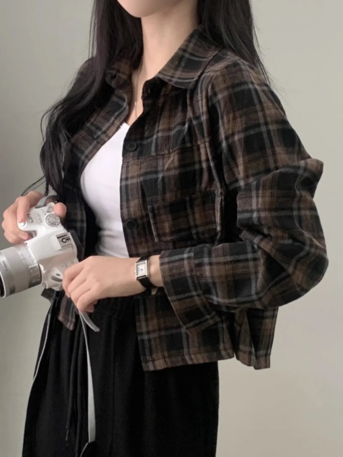 

Sli Younglooking Plaid irt Women's Retro Collar ort Sve Long Sve Ne Korean Sle Commute Faion Autumn Top