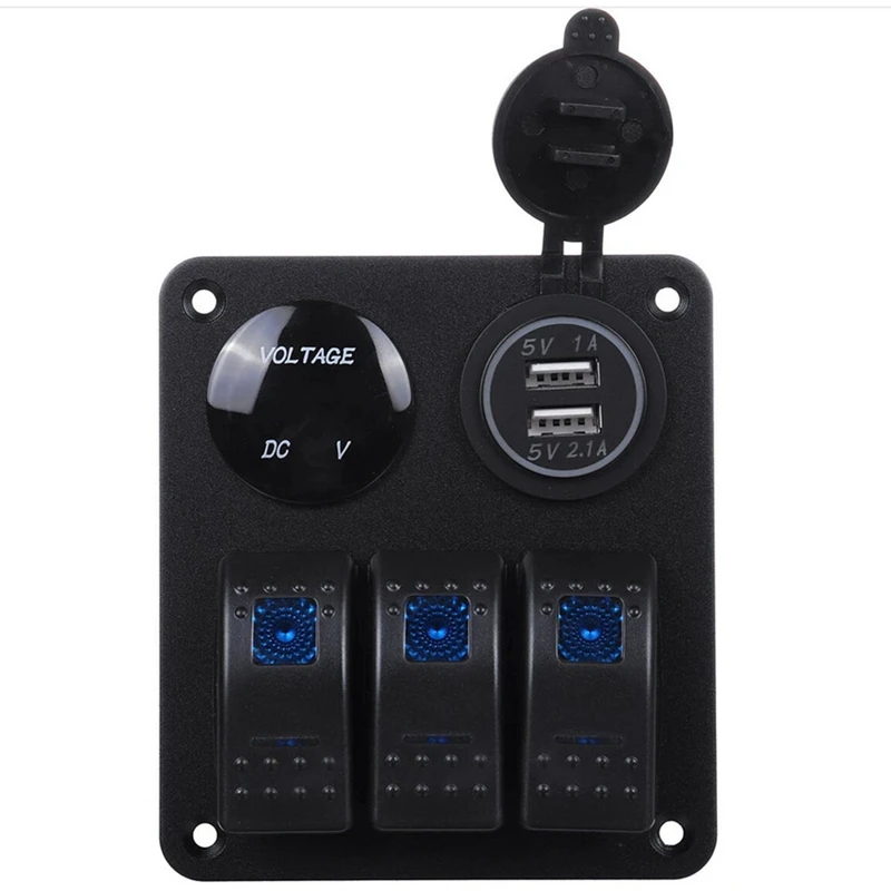 Boat Car RV LED 3 Gang Rocker Toggle Switch Control Panel 12V With 3.1A Dual USB Charger & Digital Display Voltmeter