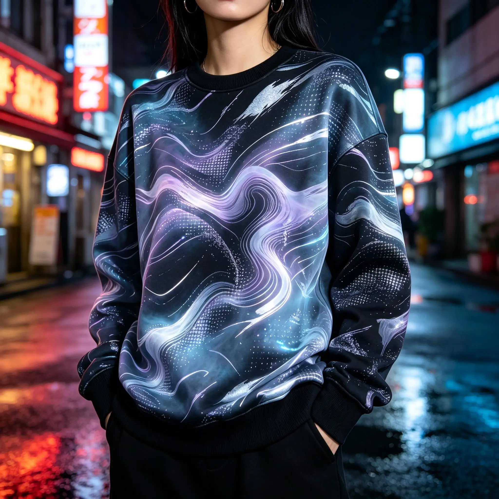 Women Crew Neck Fleece Sweatshirt Black Gold Blue Fluid Wave Marble Texture Print Long Sleeve Loose No Hood Warm Pullover