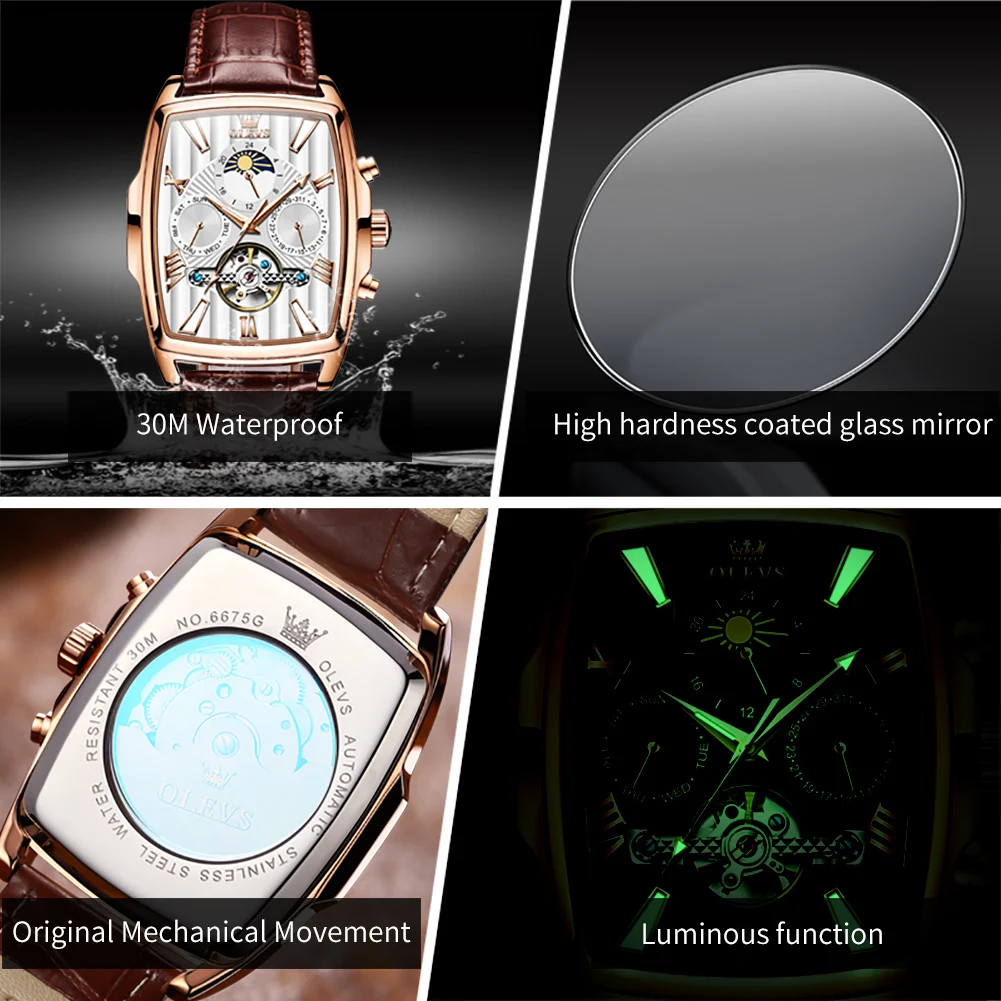 OLEVS, reloj automático para hombre, correa de cuero Original, fecha, esfera cuadrada, reloj de pulsera luminoso resistente al agua para hombre,