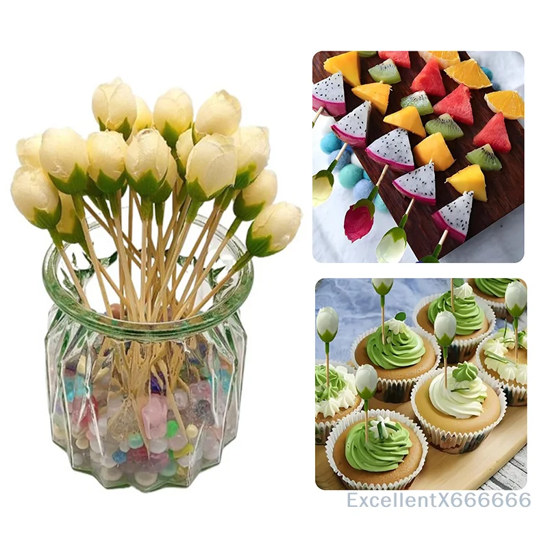

10pcs Flower Bamboo Sticks Cake Topper Tulip Pod Cocktail Picks For Appetizers Fruit Sticks For Wedding Birthday Dessert Decor