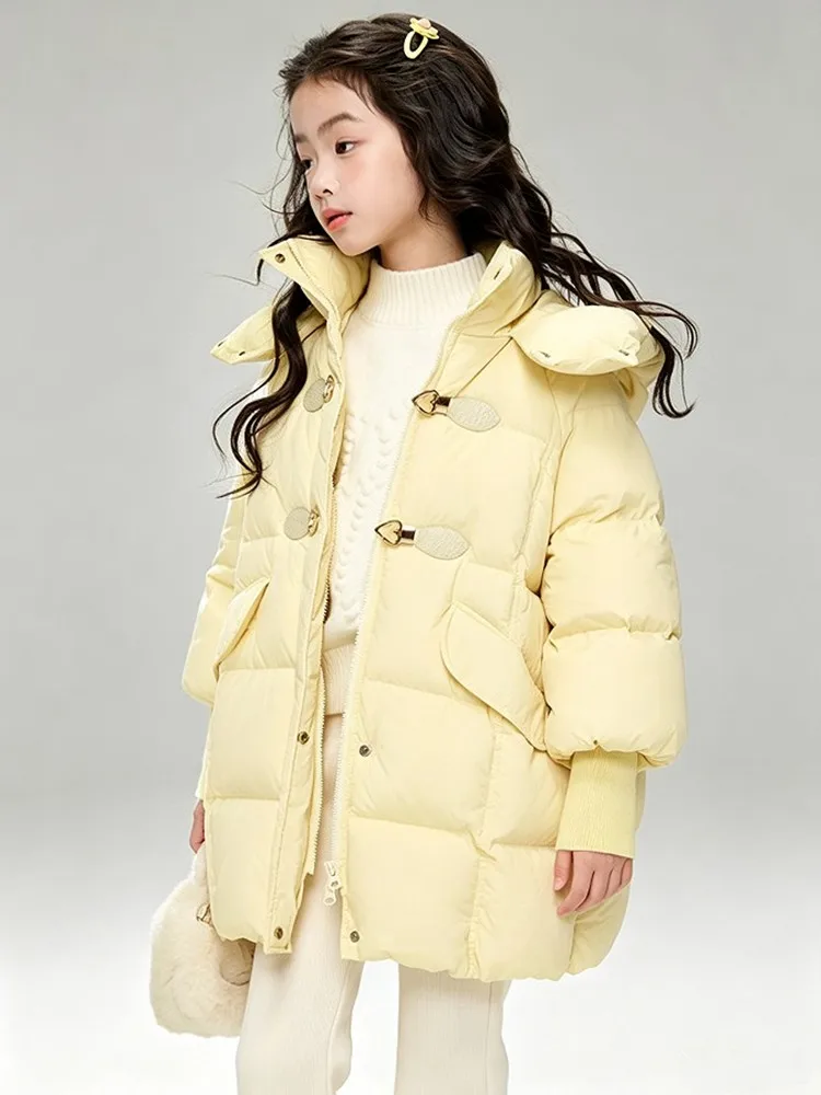 Mädchen Winter Daunenjacke 90% Weiße Entendaunen Mittellange Kapuzenparka Kinder Mädchen Warme Oberbekleidung Winddichter Kindermantel 5-14 Jahre – Detail 12