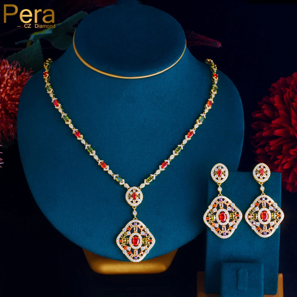 Pera Gorgeous Multicolor Cubic Zirconia Geometry Drop Long Necklace Earrings Set for Brides Wedding Jewelry Party Accessory J577