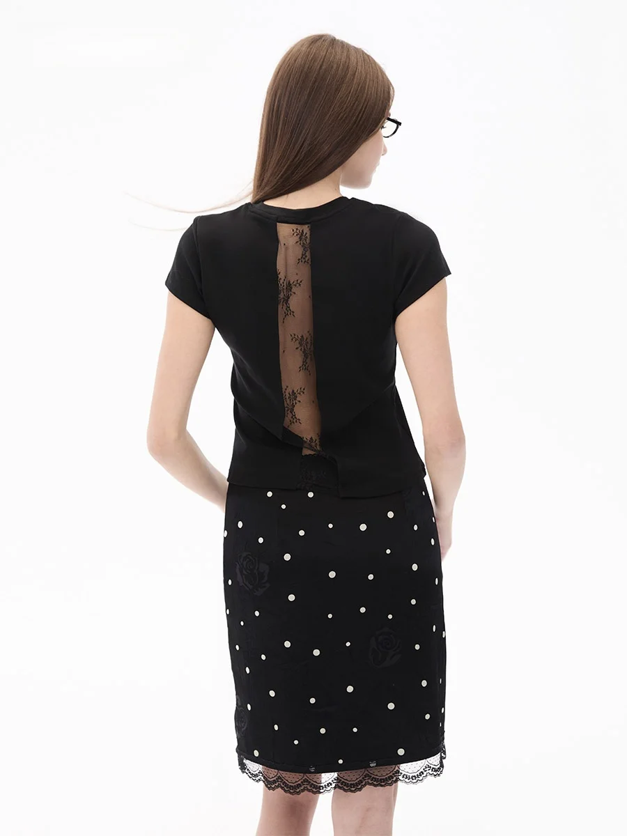 

Черная кружевная футболка Slim Fit, повседневная удобная круглая футболка Ne ort Sve, женская летняя новинка Uuyum, дышащая хлопковая смесь