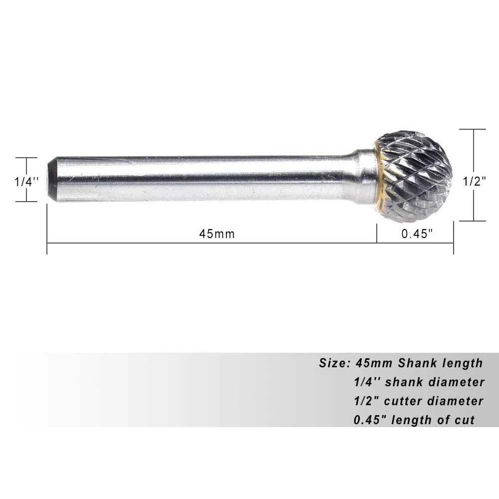 Tungsten Carbide Burr Ball Shape Double Cut Rotary Burrs File (1/2 Inch Cutter, 0.45Inch Cutter) 1/4 Inch (6.35Mm) Shank