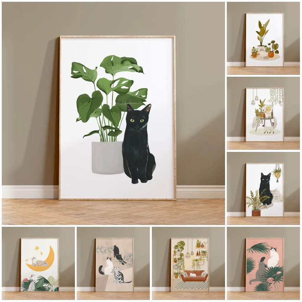 Watercolor Kittens Print Cat and Plant Poster Wall Art Leisurely Cute Kitty Canvas Painting Living Room Bedroom Home Decor