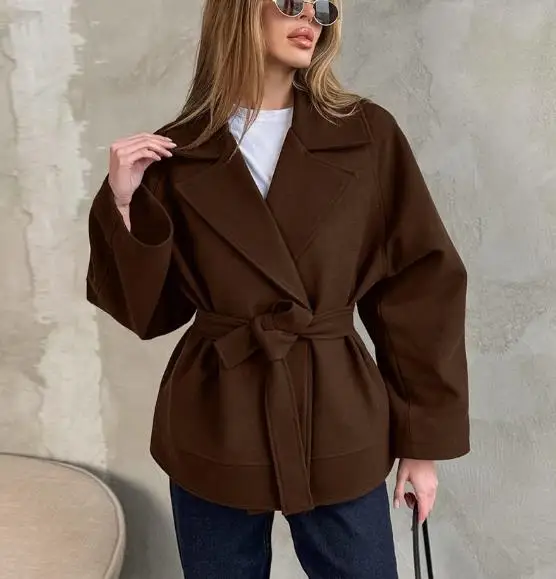

Autumn and winter new style wool coat, women's high-end suit collar, waist cinching tie, multifunctional long sleeved wool coat