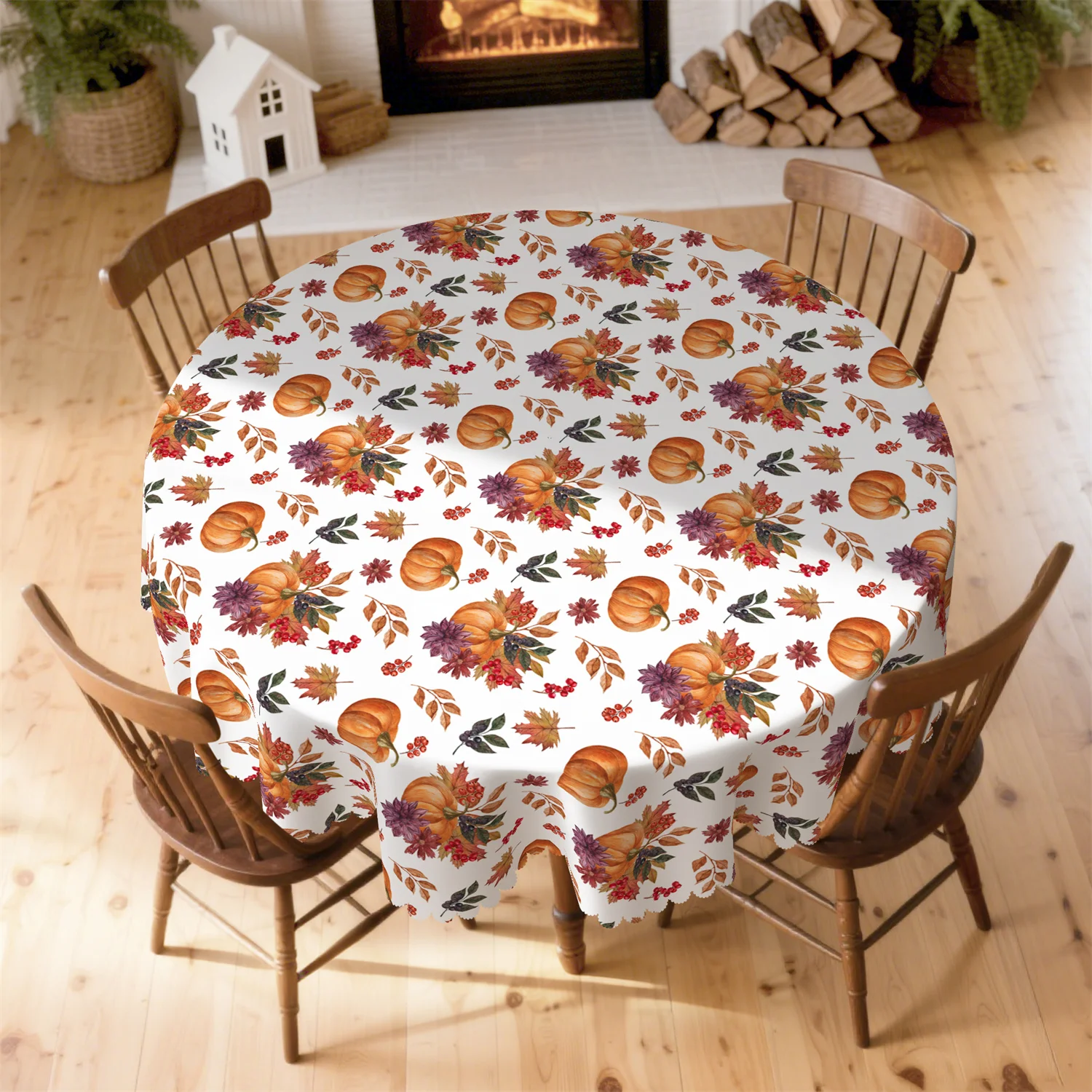 Pumpkin, berry and maple leaf autumn tablecloth - Washable Thanksgiving decoration