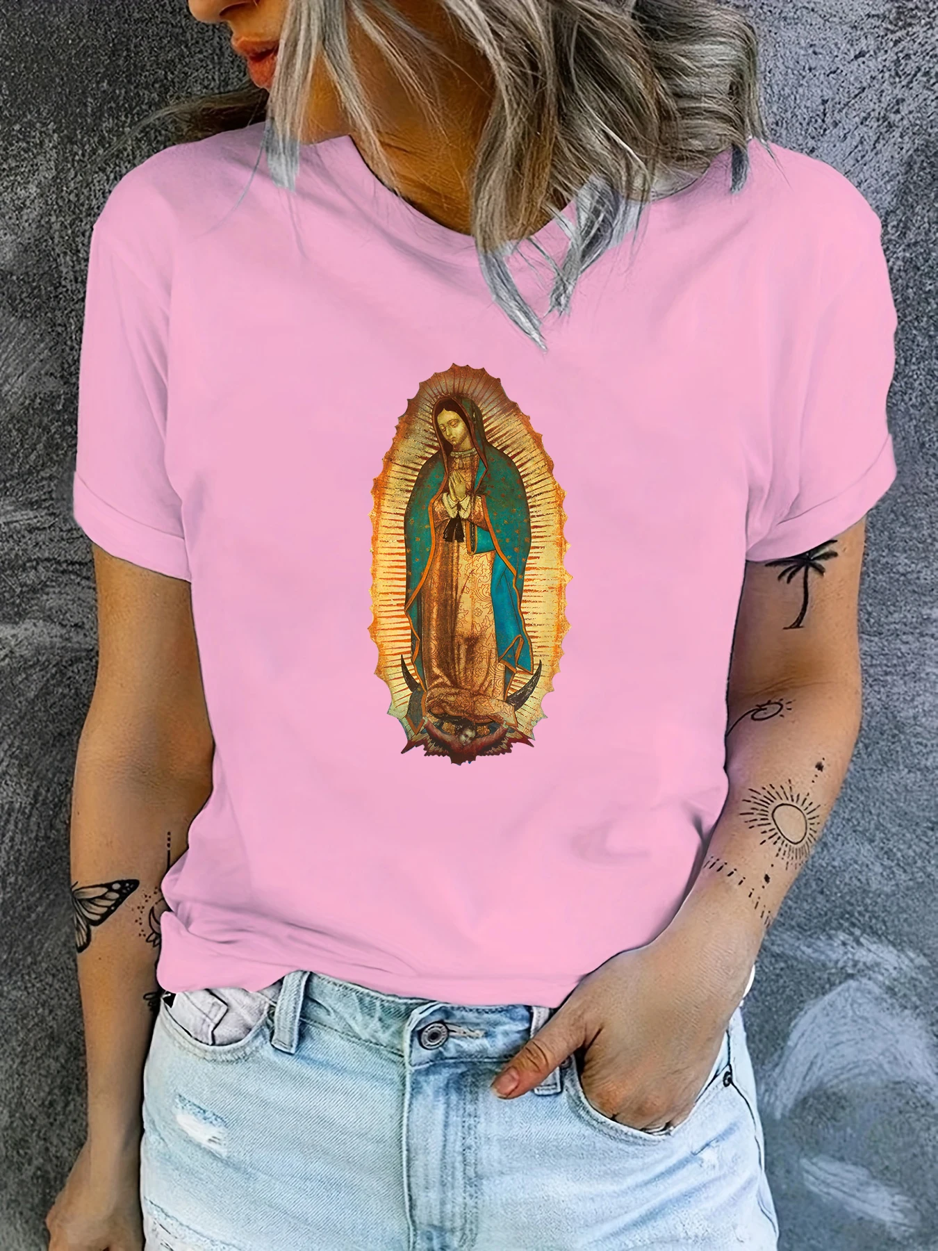 Lady of Guadalupe Virgin Mary Catholic Women\'s Casual Short Sleeve Printed Summer T-Shirt Oversized T Shirt