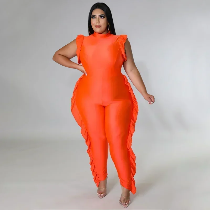 

GUWU Orange Black Plus Size Women Sleeveless Wrap O-neck Jumpsuit Side Ruffles Party One Piece Set Playsuit Street Overalls