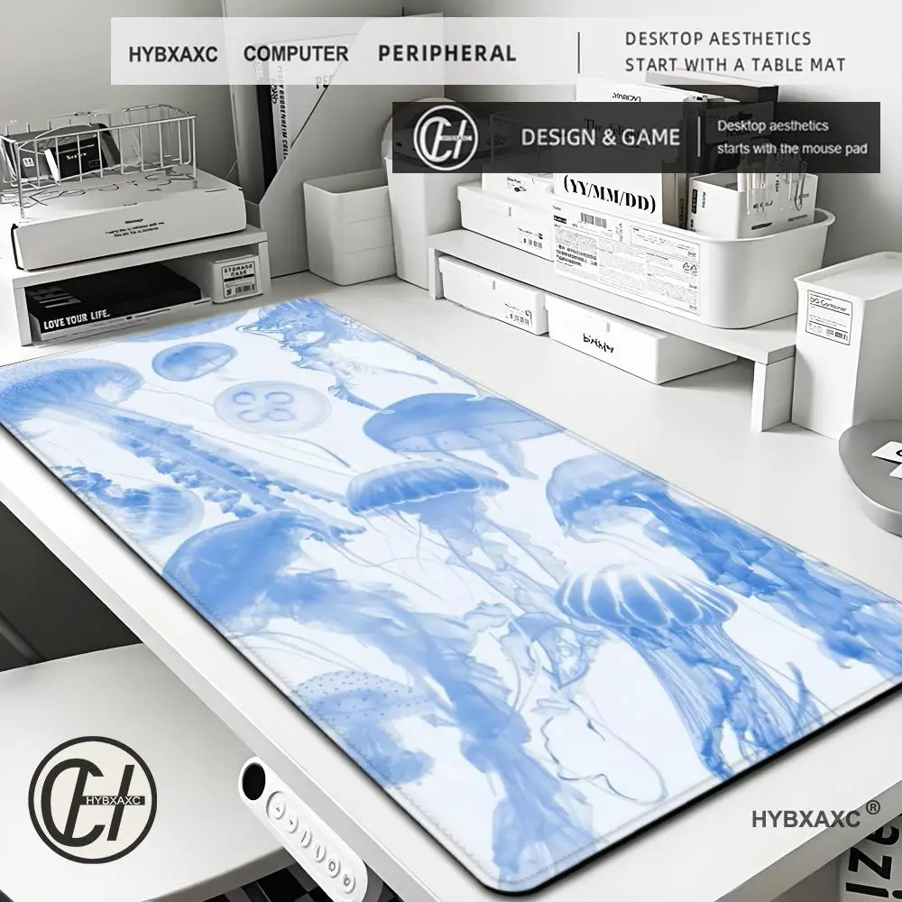 

Long Hair Lady Mouse Pad Light Blue Jellyfish Large Mousepad Computer Keyboard Pad with Non-Slip Rubber Base Stitched Edge Gift