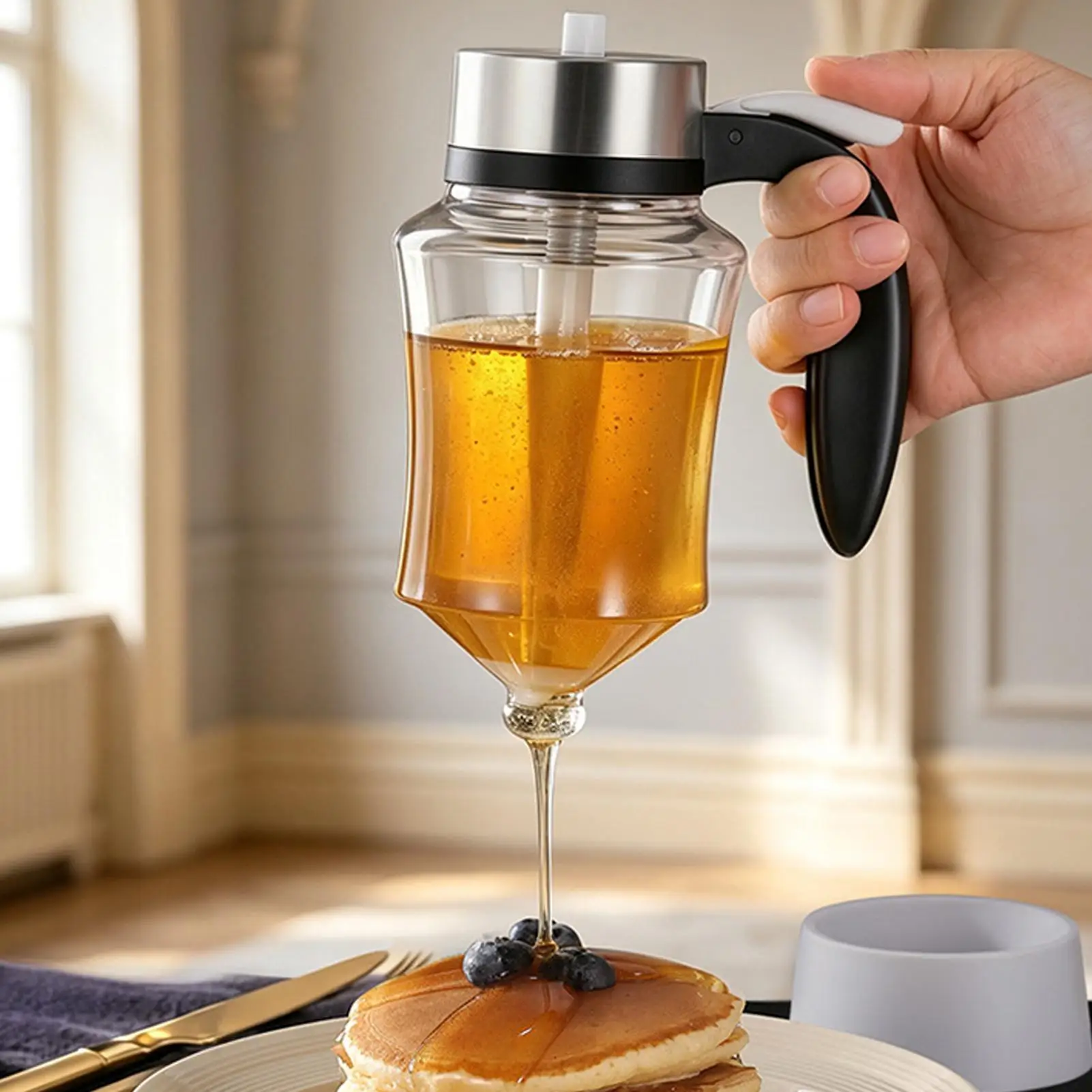 Honey Dispenser Jar 300ml No Drip Kitchen Liquid Container Pot Glass Honey Jar Pot Syrup Dispenser for Tea Coffee Pancakes
