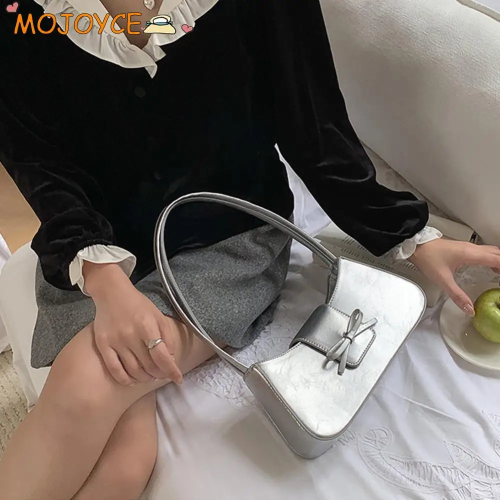 

Sweet Bow Y2K Purse Clutch PU Leather Underarm Pouch with Zipper Retro Shoulder Bag Women Chic Top-Handle Bags Commute Handbag