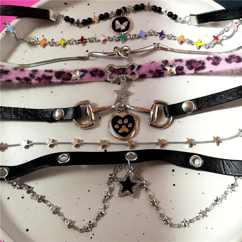 Kpop Y2K Goth Star Pendant Plush Leopard Bone Choker Necklace Egirl Harajuku Sexy Aesthetic EMO Grunge Accessories Y2K Jewelry