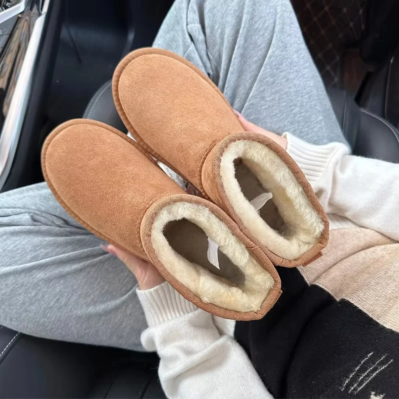 Men's and women's sheepskin and wool integrated snow boots, real leather and fur, winter thick and warm boots for women