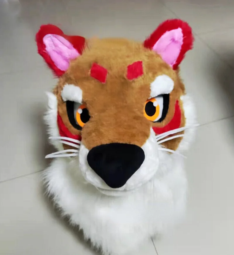 Tête de mascotte en fourrure pour Cosplay, longues fourrures, Husky, chien, renard, fête d'halloween