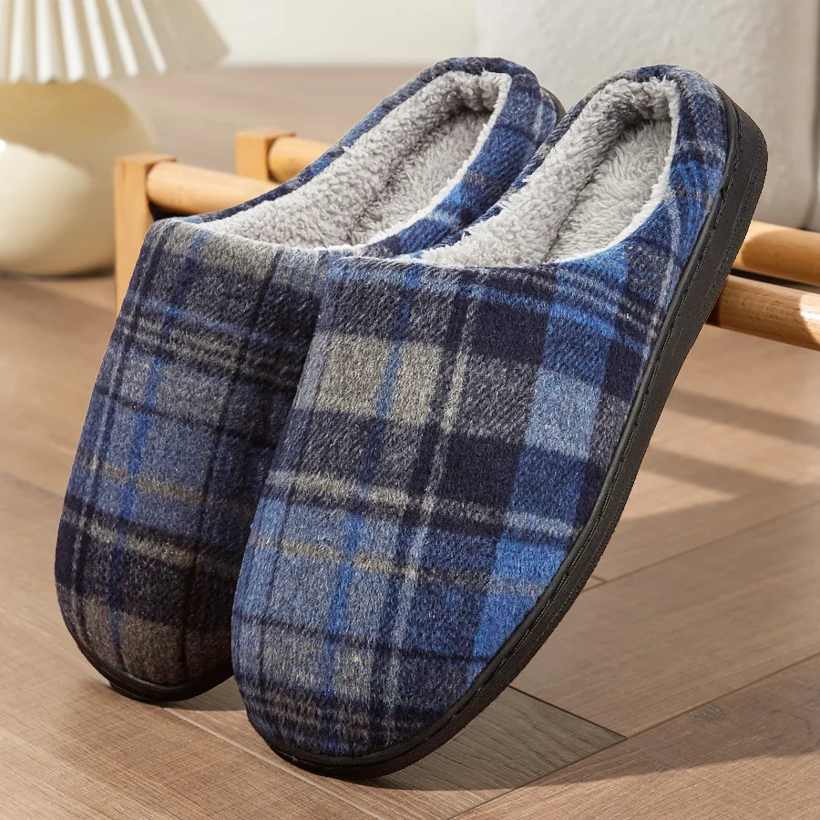 men's house slippers plaid furry comfy memory foam casual family shoes winter warm soft bedroom slippers