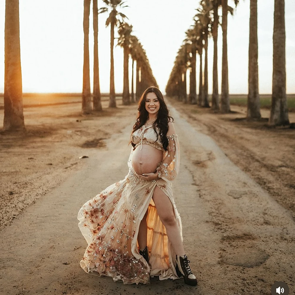Boho Maternity Photoshoot Dresses 2 Pcs Set Embroidered Floral Reversible Gowns,Baby Shower Dress For Pregnant Women Photo Shoot